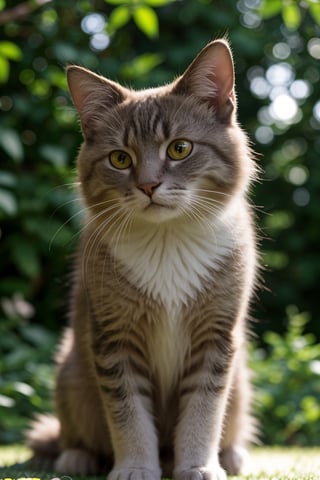 A cute cat,fluffy fur,adorable active eyes,playful paws,cosy sleeping spot,soft whiskers,beautiful patterned coat,bright and expressive eyes,curious and playful nature,smooth and sleek body,graceful and agile movements,[cat toys],[green garden background],[colorful sunlight filtering through the trees],[vibrant and cheerful atmosphere],(best quality,ultra-detailed),[soft lighting],realistic colors, [bokeh]