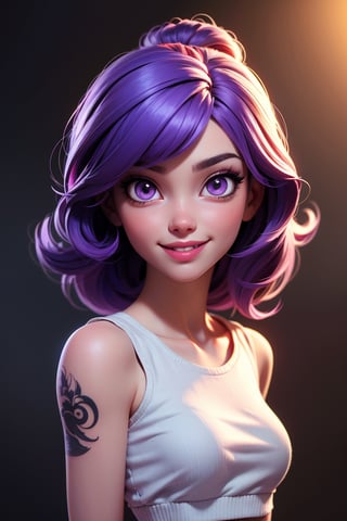 (best quality, highres)women, short crop top, rainbow hair, purple eyes, cute smile, full body tattoo, beautiful detailed eyes, beautiful detailed lips, extremely detailed eyes and face, long eyelashes, vivid colors, physically-based rendering, studio lighting, portraits