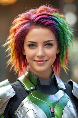 cyborg,girl,armor suit,colorful hair,green eyes,cute smile,messy hair,portrait,(best quality,4k,8k,highres,masterpiece:1.2),ultra-detailed,(realistic,photorealistic,photo-realistic:1.37),HDR,UHD,studio lighting,ultra-fine painting,sharp focus,physically-based rendering,extreme detail description,professional,vivid colors,bokeh,portraits