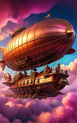 (best quality,8K,highres,masterpiece), ultra-detailed, (steampunk airship in the clouds), depiction of a majestic steampunk airship navigating through a sea of clouds. The airship is adorned with intricate brass and copper details, with massive propellers and billowing sails. The sky is painted with hues of orange and pink from the setting sun, casting a warm glow over the scene. The overall composition captures the adventurous spirit of steampunk, with a focus on the detailed craftsmanship of the airship.
