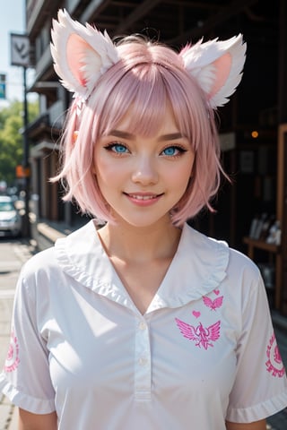 skistyle, 1girl, solo, cute smile, pink hair, animal ears, blue eyes, wings, looking at viewer, bangs, short hair, bow, sailor collar, white sailor collar, hair bow, pink bow, closed mouth, shirt, white shirt, bear ears, bob cut, mini wings, portrait, detached wings, makeup, upper body, city in background
