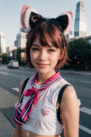 skistyle, 1girl, solo, cute smile, pink hair, animal ears, blue eyes, wings, looking at viewer, bangs, short hair, bow, sailor collar, white sailor collar, hair bow, pink bow, closed mouth, shirt, white shirt, bear ears, bob cut, mini wings, portrait, detached wings, makeup, upper body, city in background