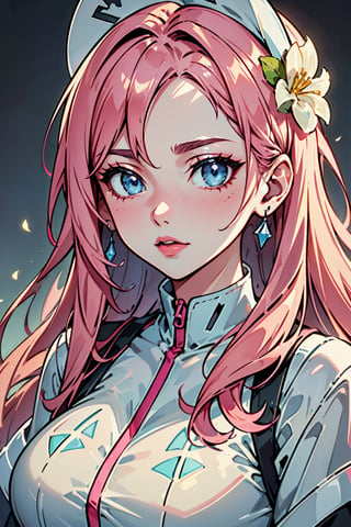 (Detailed Lights, Detailed Shadows), 1Woman, Pink Colored Hair, Close-up, Portrait, (Light Blue Colored Eyes), Extremely Detailed Clothes, ((Modern Clothes)), Beautiful Hair, Muscular, Hair Down, Extremely Detailed Background, Beautiful Background, (Long Hair), MakeUp, Pokemon Trainer, A White Flower on the Head