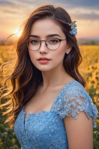 (best quality, highres, masterpiece:1.2), ultra-detailed, (realistic, photorealistic, photo-realistic:1.37), 1girl, intricate eyes, longeyelashes, beautiful detailed eyes, beautiful detailed lips, blue dress, happy, freckles, hair flower, earrings, glasses, flower field, blue sky, sunset, Cinematic light,