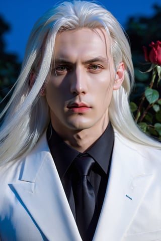 masterpiece, highest quality, (solo focus), (perfect face:1.1), (high detail:1.1), (hyper detailed eyes), dramatic, a guy with pale skin and long voluminous white hair, white eyes, solo, long hair, Sephiroth, moon, night, white luxury suit, covered navel, pouty lips, fur, arrogant expression, Rose Garden, detailed background, art by artgerm, cinematic lighting, roses, fashion, BalenciagaStyle