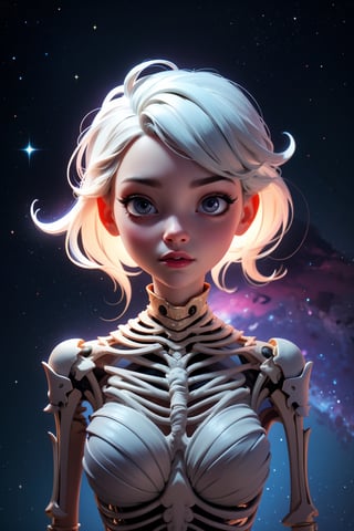 (best quality,8K,highres,masterpiece), ultra-detailed, featuring a woman with her face obscured by a grey square, set against a cosmic, star-filled background. The woman appears to be wearing or integrated with an intricate skeletal structure that is white and somewhat luminescent. The cosmic backdrop bathes the scene in a mesmerizing array of stars and galaxies, creating a sense of vastness and wonder. The obscured face adds an air of mystery and intrigue, inviting viewers to ponder the hidden depths of the character's identity. Meanwhile, the intricate skeletal structure adds a touch of ethereal beauty and symbolism, hinting at themes of mortality, transformation, and the interconnectedness of all things. This artwork is a captivating exploration of the human form amidst the cosmic expanse, blending elements of mystery, beauty, and cosmic wonder.