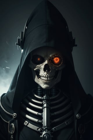 (Very detailed 8K wallpaper), A masterfully detailed portrait of a sinister necromancer, their face shrouded in darkness, a cyborg skeleton companion lurking ominously in the shadows. The artwork is rendered in a highly detailed and dramatic steampunk fantasy style, featuring a retro-futuristic female robot with intricate design elements.