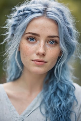 (best quality, 4k, 8k, highres, masterpiece:1.2), ultra-detailed, (realistic, photorealistic, photo-realistic:1.37), blue messy hair, light blue eyes, freckles, women, portrait, cinematic, bokeh, soft lighting, ethereal atmosphere, dreamy expressions, dynamic composition, textured background, vivid colors, subtle smile, graceful pose, professional, artistic, portrait photography