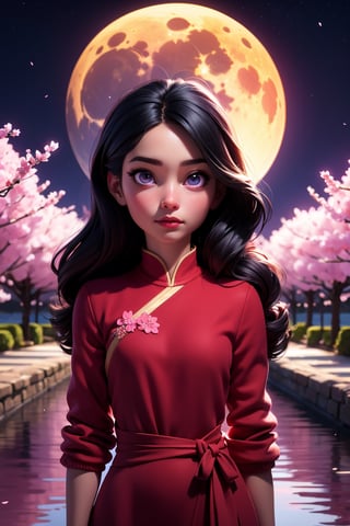 (best quality, 8K, ultra-detailed, masterpiece), (ultra-realistic), A mesmerizing scene featuring a lone girl with enchanting purple eyes, standing against a serene night background. The moon illuminates the surroundings, casting a soft glow on the cherry blossoms in full bloom. The girl is adorned in red fluffy clothes, creating a striking and dreamlike composition.