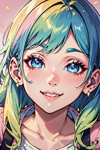 (a cute girl:1.1),smiling,blushing,short outfit,rainbow color hair,beautiful detailed eyes,beautiful detailed lips,extremely detailed eyes and face,long eyelashes,colorful background,happy expression,soft sunlight,playful pose,vibrant colors,lively atmosphere,whimsical art style,medium:pastel drawing,ultra-detailed(best quality:1.2),rainbow highlights,sparkling eyes