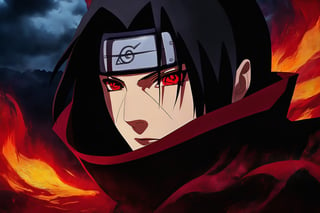 Itachi Uchiha, Sharingan eyes, blood moon background, close up, portrait, piercing gaze, intense expression, dark and mysterious atmosphere, black hair, flowing in the wind, red and black cloak, embroidered Uchiha clan symbol, detailed facial features, strong and defined jawline, intense stare, red iris with three black tomoe, illusionary powers, powerful ninja, skilled in fire style jutsu, mysterious aura, strong presence, deep shadows, dramatic lighting, haunting beauty, high contrast, chiaroscuro effect, vibrant red color scheme, ominous and eerie mood, masterful painting techniques, oil on canvas, hyperrealistic style, finest brushstrokes, intricate details, supernatural element, enigma, epic and captivating artwork. (best quality, 4k, highres, realistic:1.2), ultra-detailed, vivid colors, studio lighting