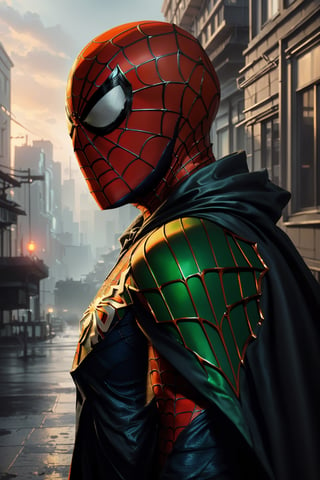 (Breathtaking 8K concept art), (Spiderman in a sleek orange and green armored suit, unmasked, with a flowing black cape:1.3), Against a detailed night cityscape, bathed in natural volumetric lighting, reminiscent of artistic visionaries like Greg Rutkowski, (A masterpiece trending on ArtStation:1.3)