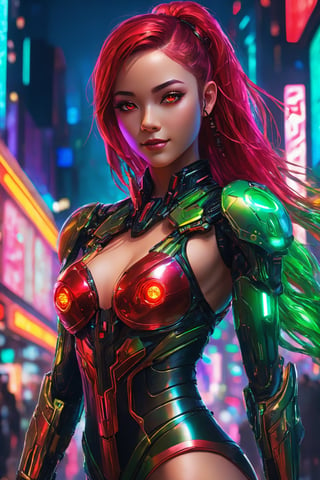 (Vivid neon night, detailed background), (petite cyborg girl, cute face, perky breasts), cute smile, Amidst the vibrant neon night of a futuristic cyberpunk city, the scene bursts with intricate details. A petite and cute cyborg girl, her face perfect and her anatomy flawless, stands with bright, glowing red eyes. Her absurdly long gradient red and green hair flows in the wind as she dons a detailed ribbed impossible bodysuit, featuring shoulder armor and cybernetic limbs, all captured from a dynamic angle.