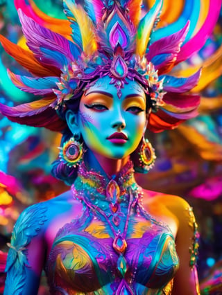 (best quality,8K,highres,masterpiece), ultra-detailed, visually stunning photograph featuring a vibrant and color-rich sculpture portraying a celestial ice goddess. This majestic deity stands tall, radiating a mesmerizing aura of vivid and lively elegance. The sculpture showcases an explosion of colors with intricate and dynamic designs that irresistibly draw the eye. The goddess, bathed in a myriad of hues, emanates a surreal and fantastical presence. The high-quality image brilliantly captures the sculpture's ethereal beauty, allowing viewers to immerse themselves in the kaleidoscope of colors, appreciating its extraordinary craftsmanship and enchanting allure. Neon lights illuminate the scene, adding an extra layer of brilliance and intensity to this captivating visual spectacle.