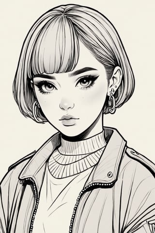 Manga style illustration, line art, pencil art, 1girl,solo,looking at viewer,short hair,bangs,simple background,hair ornament,white background,jewelry,closed mouth,jacket,monochrome,upper body,earrings,pointy ears,blunt bangs,facial mark,piercing,border,cross,ear piercing,zipper,hands in pockets,short eyebrows,zipper pull tab