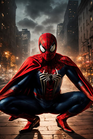 A breathtaking 8K photorealistic concept art masterpiece, (Spiderman in a striking black and red suit, unmasked, with a crimson cape billowing gracefully:1.3), Against a highly detailed night cityscape, captured with perfect composition and sharp focus, (A cinematic vision of artistry:1.3), Bathed in soft, natural volumetric lighting, the chiaroscuro effect enhancing the intricate details of the suit, (A true award-winning photograph:1.3)