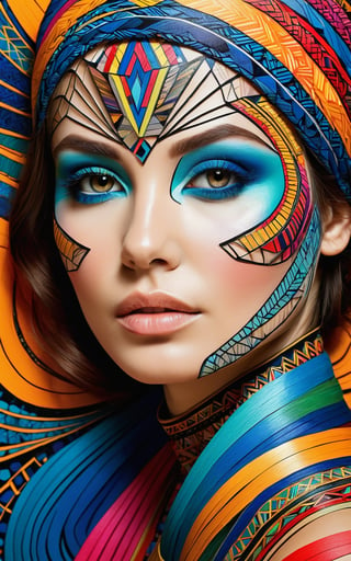 (Artistic portrait, high resolution, intricate line work, geometric patterns, vibrant colors), a close-up portrait of a woman crafted using detailed line work and a mix of geometric patterns. The composition is visually striking and abstract, blending various vibrant colors to enhance the overall artistic appeal. The artwork should capture fine details, emphasizing the unique and intricate design elements that form the abstract representation of the woman.