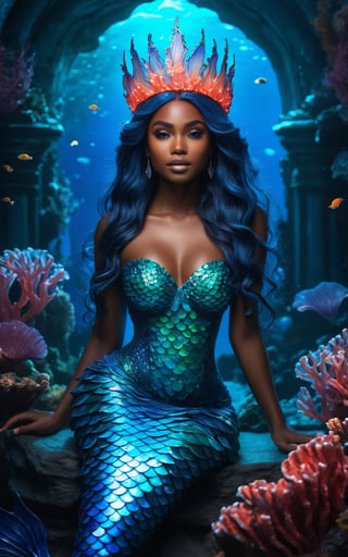 (best quality,8K,highres,masterpiece), ultra-detailed, (Ethereal Mermaid Queen with a bioluminescent tail and coral crown), portrait of an ethereal mermaid queen, her tail glowing with bioluminescent patterns. She wears a crown made of delicate coral and sea pearls, and her hair flows like seaweed in the current. Her eyes are the color of the deep ocean, and her skin shimmers with an iridescent sheen. She sits on a throne made of ancient sea stones and shells, surrounded by an underwater palace illuminated by glowing sea creatures.
