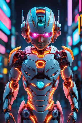 (best quality,8K,highres,masterpiece), ultra-detailed, (3D cyborg), cute and tiny boy rendered in 3D, transformed into a cyborg with neon glowing body parts. The boy's mechanical enhancements are adorned with vibrant colors, creating a visually stunning and colorful appearance. Each detail of the cyborg's design is meticulously crafted, from the intricacies of the mechanical components to the luminous glow of the neon lights. The overall composition exudes a sense of playfulness and wonder, inviting viewers into a futuristic world where technology and creativity collide in a mesmerizing display of artistry.