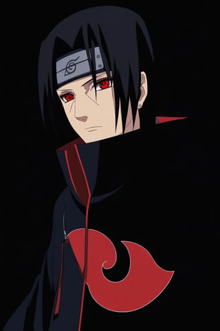 Itachi Uchiha,Sharingan eyes, solo,looking at viewer,simple background,black hair,red eyes,long sleeves,1boy,jewelry,closed mouth,male focus,necklace,black background,yin yang,forehead protector,konohagakure symbol