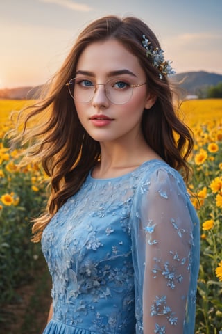 (best quality, highres, masterpiece:1.2), ultra-detailed, (realistic, photorealistic, photo-realistic:1.37), 1girl, intricate eyes, longeyelashes, beautiful detailed eyes, beautiful detailed lips, blue dress, happy, freckles, hair flower, earrings, glasses, flower field, blue sky, sunset, Cinematic light,