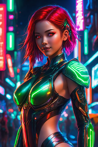 (Vivid neon night, detailed background), (petite cyborg girl, cute face, perky breasts), cute smile, Amidst the vibrant neon night of a futuristic cyberpunk city, the scene bursts with intricate details. A petite and cute cyborg girl, her face perfect and her anatomy flawless, stands with bright, glowing red eyes. Her absurdly long gradient red and green hair flows in the wind as she dons a detailed ribbed impossible bodysuit, featuring shoulder armor and cybernetic limbs, all captured from a dynamic angle.