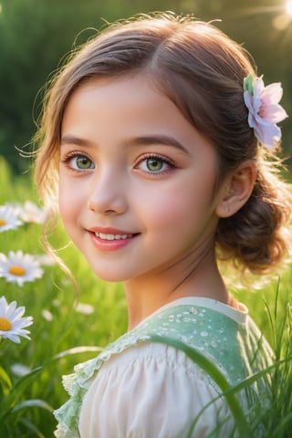 (best quality,4k,8k,highres,masterpiece:1.2),ultra-detailed,(realistic,photorealistic,photo-realistic:1.37),beautiful detailed eyes,beautiful detailed lips,extremely detailed eyes and face,longeyelashes,little girl,cute girl,cute smile,outdoor,illustration,pastel colors,soft lighting,happy expression,green garden,flowers,grass, sunshine