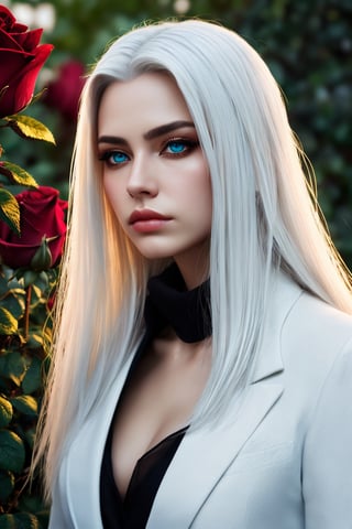 masterpiece, highest quality, (solo focus), (perfect face:1.1), (high detail:1.1), (hyper detailed eyes), dramatic, a guy with pale skin and long voluminous white hair, white eyes, solo, long hair, Sephiroth, moon, night, white luxury suit, covered navel, pouty lips, fur, arrogant expression, Rose Garden, detailed background, art by artgerm, cinematic lighting, roses, fashion, BalenciagaStyle