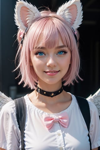 skistyle, 1girl, solo, cute smile, pink hair, animal ears, blue eyes, wings, looking at viewer, bangs, short hair, bow, sailor collar, white sailor collar, hair bow, pink bow, closed mouth, shirt, white shirt, bear ears, bob cut, mini wings, portrait, detached wings, makeup, upper body, city in background
