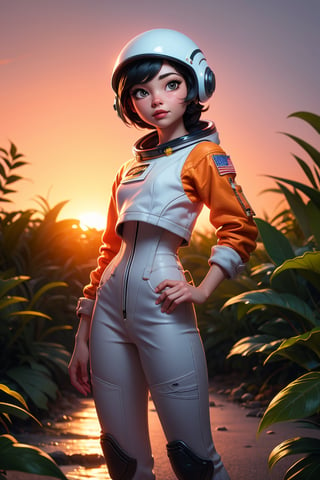 An astronaut in an orange astronaut outfit, standing against a sunset background. The astronaut is positioned front facing and is shown from the waist up. The sunset provides a warm and vibrant color palette. The scene is surrounded by lush plants, adding a touch of nature to the composition. The image quality is top-notch and high-resolution, with ultra-detailed features. The style of the artwork is realistic, with vivid colors and professional craftsmanship. The lighting accentuates the astronaut's figure, creating a captivating atmosphere