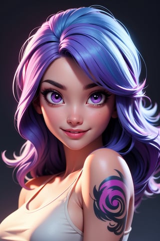 (best quality, highres)women, short crop top, rainbow hair, purple eyes, cute smile, full body tattoo, beautiful detailed eyes, beautiful detailed lips, extremely detailed eyes and face, long eyelashes, vivid colors, physically-based rendering, studio lighting, portraits