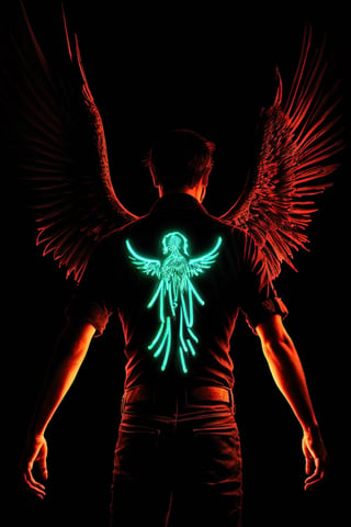 (best quality,4k,8k,highres,masterpiece:1.2),ultra-detailed,(realistic,photorealistic,photo-realistic:1.37),illustration,dark silhouette of a rotten archangel man,ghostly figure,neon lights,light particles,colorful,red,black colors,strong backlighting