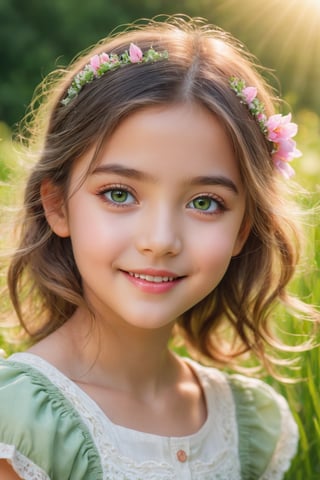 (best quality,4k,8k,highres,masterpiece:1.2),ultra-detailed,(realistic,photorealistic,photo-realistic:1.37),beautiful detailed eyes,beautiful detailed lips,extremely detailed eyes and face,longeyelashes,little girl,cute girl,cute smile,outdoor,illustration,pastel colors,soft lighting,happy expression,green garden,flowers,grass, sunshine