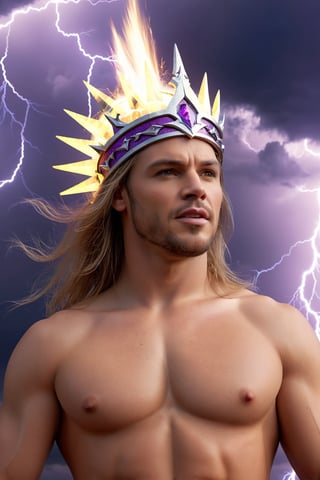 (best quality, UHD, ultra-detailed, masterpiece), (ultra-realistic, photorealistic), A breathtaking UHD portrait depicting the imposing Thunder God, his electrifying lightning strikes illuminating the sky in vibrant violet and cyan hues. Rendered with the precision of the Luminous Studio graphics engine and the brilliance of Octane render, the scene is enveloped in a cloudy haze, with fiery embers dancing around his thunderous crown.