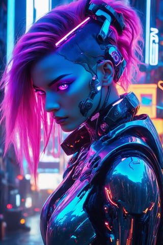 (best quality,4k,8k,highres,masterpiece:1.2),ultra-detailed,(realistic,photorealistic,photo-realistic:1.37),cyborg,1girl,neon hair,niji style,futuristic,electric atmosphere,vibrant colors,glowing lights,metallic reflections,digital enhancements,energetic pose,eye-catching,artificial intelligence,tech-inspired,fluid motion,dynamic composition,sci-fi elements,urban setting,gritty background,dystopian vibes,edgy fashion,cyberpunk aesthetics,holographic effects,retro-futurism,synthetic beauty,neon signs,rich textures,immersive experience,advanced technology,cybernetic enhancements,otherworldly,expressive eyes,mechanical details,modern art,unique perspective,experimental,cosmic energy,nanoscale implants,ethereal presence,augmented reality,creative expression,limitless possibilities