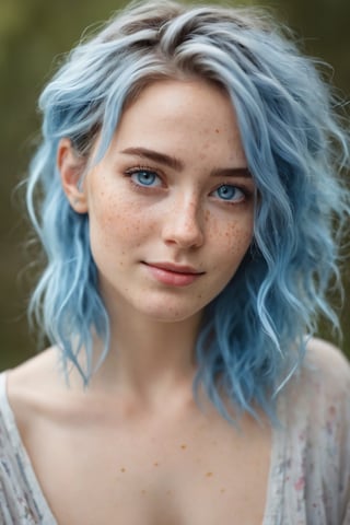 (best quality, 4k, 8k, highres, masterpiece:1.2), ultra-detailed, (realistic, photorealistic, photo-realistic:1.37), blue messy hair, light blue eyes, freckles, women, portrait, cinematic, bokeh, soft lighting, ethereal atmosphere, dreamy expressions, dynamic composition, textured background, vivid colors, subtle smile, graceful pose, professional, artistic, portrait photography