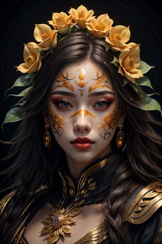 (best quality, 4k, 8k, highres, masterpiece:1.2), ultra-detailed, (realistic, photorealistic, photo-realistic:1.37), solo,looking at viewer,hair ornament,1boy,flower,male focus,hair flower,lips,makeup,mask,leaf,black background,portrait,yellow flower,facepaint