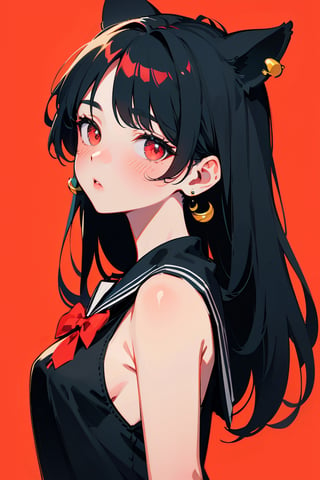 (best quality, 4k, 8k, highres, masterpiece:1.5), ultra-detailed,anime, 1girl,solo,long hair,looking at viewer,blush,bangs,shirt,black hair,bow,jewelry,very long hair,upper body,hair bow,earrings,sleeveless,sailor collar,red bow,black shirt,sleeveless shirt,bell,animal,cat,crescent,red background