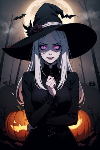 (best quality, highres:1.2), ultra-detailed, realistic:1.37, 4k resolution, anime girl, spooky, creepy look, Halloween makeup, dark background, glowing pumpkin, misty atmosphere, haunted forest, moonlit night, eerie shadows, mysterious aura, intense stare, gothic fashion, witch hat, black cat, supernatural powers, glowing eyes, spiderweb, bats flying, ghostly presence, pale skin, piercing gaze, mystical symbols, eerie lighting, enchanted atmosphere, creepy smile, witchcraft, hauntingly beautiful, magical girl, bone-chilling, macabre elegance, occult elements, ethereal beauty, unsettling aura, horrifying charm, otherworldly, sinister charm