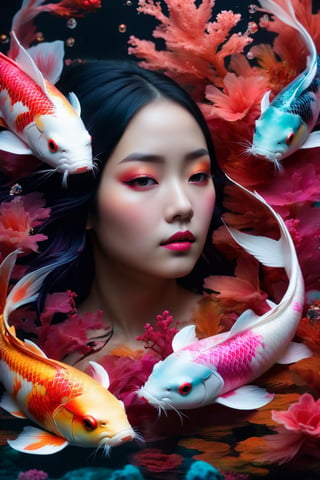 (best quality,8K,highres,masterpiece), ultra-detailed, (photo RAW, hyper-realistic, super colorful) portrait of 2 ghostly long-tailed white koi and a woman. The scene is illuminated with a shiny aura and vibrant colors, including black, dark red, and neon pink. The image features intricate motifs, red filigree, and organic tracery in the style of Januz Miralles, Hikari Shimoda, and glowing stardust by W. Zelmer. The lively coral reef background adds a burst of color, creating a dazzling and award-winning composition in natural light.