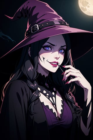 (best quality,4k,8k,highres,masterpiece:1.2),ultra-detailed,(realistic,photorealistic,photo-realistic:1.37),creepy,spooky,halloween theme,anime girl,halloween makeup,detailed eyes,detailed lips,long eyelashes,wavy black hair,evil smile,bloody red lipstick,gloomy atmosphere,haunted background,glowing pumpkin,witch hat,black robe,eerie lighting,horror anime style,dark purple color palette,ghostly aura,scary expression,menacing grin,sinister vibe,gothic aesthetic,witchcraft,witchy vibes,cobwebs,spellbook,curled horns,witchy cat,full moon,haunted mansion,trick or treat,spider webs,creepy crawlies,nightmare fuel