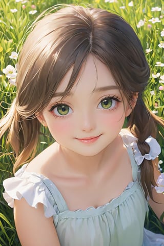 (best quality, 4k, 8k, highres, masterpiece:1.2), ultra-detailed, (realistic, photorealistic, photo-realistic:1.37), beautiful detailed eyes, beautiful detailed lips, extremely detailed eyes and face, longeyelashes, little girl, cute girl, cute smile, outdoor, illustration, pastel colors, soft lighting, happy expression, green garden, flowers, grass, sunshine,ANIME