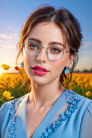 (best quality,highres,masterpiece:1.2),ultra-detailed,(realistic,photorealistic,photo-realistic:1.37),1girl,intricate eyes,longeyelashes,beautiful detailed eyes,beautiful detailed lips,blue dress,happy,freckles,hair flower,earrings,glasses,flower field,blue sky,sunset,Cinematic light