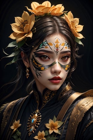 (best quality, 4k, 8k, highres, masterpiece:1.2), ultra-detailed, (realistic, photorealistic, photo-realistic:1.37), solo,looking at viewer,hair ornament,1boy,flower,male focus,hair flower,lips,makeup,mask,leaf,black background,portrait,yellow flower,facepaint