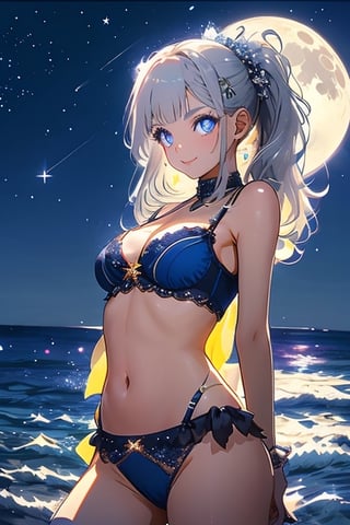 Cute girl, 1girl, medium breasts, white hair, cross-stitch, twin ponytails, sexy lingerie, suspender bikini, side-tie bikini bottom, night, moon, ocean, stars, beautiful and detailed brilliance, beautiful and detailed starry sky, bright stars, Beautiful delicate water, sparkle, detailed light, best shadow, buttocks, sexy pose, sexy gesture, dancing, dancer, long eyelashes, behind arms, gaze, glowing eyes, wide eyes, seductive smile