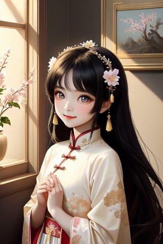 A girl with medium chest, black hair, long hair, gorgeous Chinese style headdress, Chinese style classical clothing, white clothes, beautiful and delicate eyes, big eyes, long eyelashes, looking at you, small cherry mouth, shy expression, smile, Behind the hands, many luminous petals are flying on the left and right, many petals, daytime, sunlight, sunlight shining, delicate light and shadow, classical elegance, master quality, exquisite paintings, ultra-high quality,