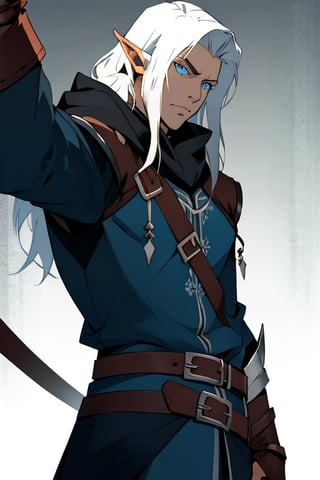 (masterpiece), cowboy stance, letho_soul3142, high elf king, light  hair, blue eyes, handsome, pointy ears, noble, king,vox machina style, strong jaw, ornate, elegant, long hair, mature, ezio_soul3142, assassin, hood, young, dark and gloomy, belts, leather