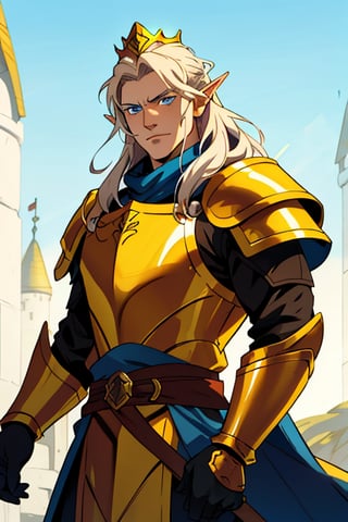 (masterpiece), cowboy stance, letho_soul3142, high elf king, light  hair, blue eyes, handsome, pointy ears, noble, king,vox machina style, strong jaw, ornate, elegant, long hair, mature, masculine gold, crown, gold armor, knight