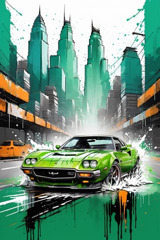 bits of color, hand drawn, realistic sketch, Rough sketch, splash art, dripping ink, bold lines, Artwork of T-shirt design, green sport car, highway, skyscrapers, sunrise, flat illustration, vibrant vector, vector image, vintage drawing, white background, 8k