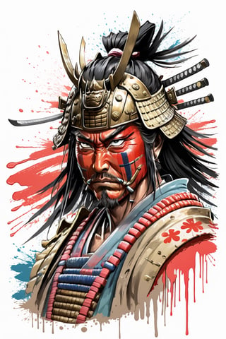 bits of color, hand drawn, realistic sketch, Rough sketch, splash art, dripping ink, bold lines, Artwork of T-shirt design, close-up portrait of an ancient samurai, wear battle mask, japan old flag, in a perfect circle shape, flat illustration, vibrant vector, vector image, vintage drawing, white background, 8k